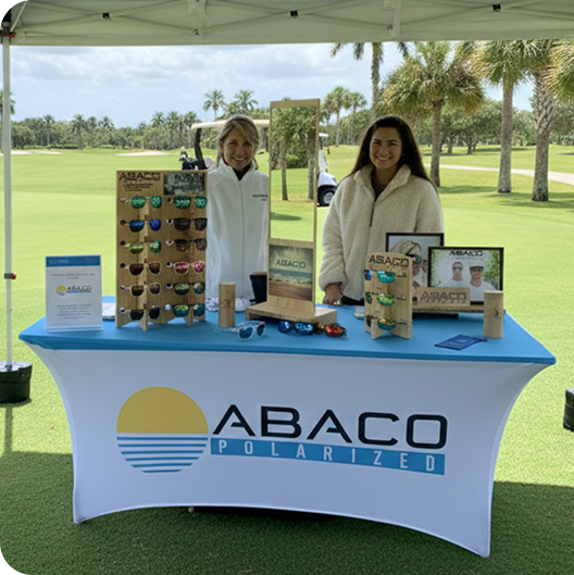 Abaco Polarized fit station at a golf tournament with team members helping participants